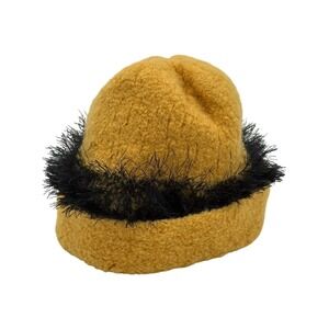 Mustard Yellow Knit Beanie Hat with Black‎ Faux Fur Trim